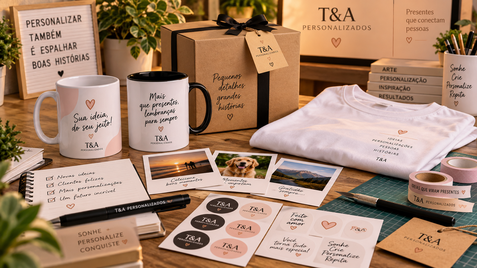 Produtos personalizados da T&A com canecas, camiseta, caixa de presente, fotos e adesivos